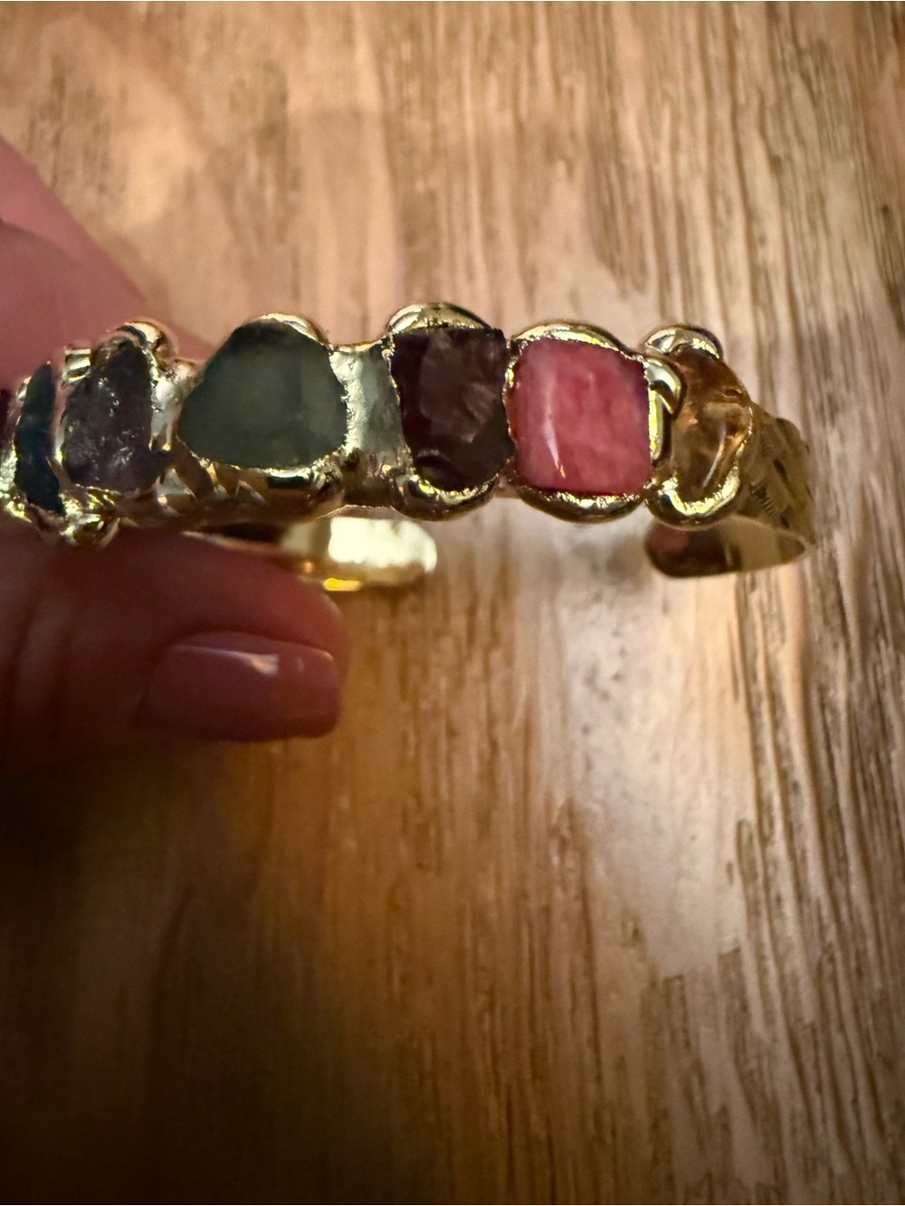 Gold Vermil Multi-Gem Stone Cuff Bracelet - Pink, Green, Blue art to wear - Picture 6 of 6